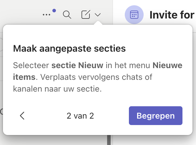 Instructie in MS Teams over het kunnen aanpassen van secties per februari 2025