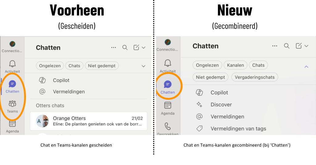 Screenshots van de voorheen en nieuwe situatie van MS Teams-chat en -kanalen. Voorheen: gescheiden. Nieuw: Chat en kanalen gecombineerd.